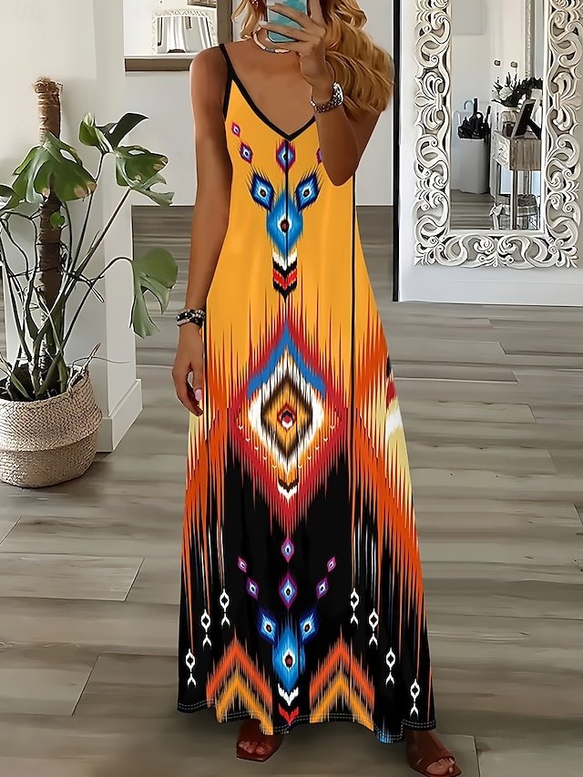 Bohemia Regular Fit Geometric V Neck Sleeveless Maxi Dress - Image 1