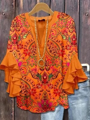 Bohemia Vintage Floral V Neck Ruffle 3/4 Sleeve Regular Blouse - Image 1