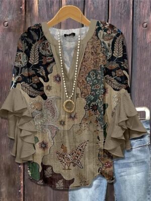 Bohemia Vintage Floral V Neck Ruffle 3/4 Sleeve Regular Blouse - Image 2