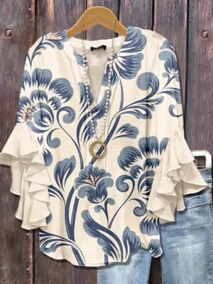 Bohemia Vintage Floral V Neck Ruffle 3/4 Sleeve Regular Blouse - Image 3
