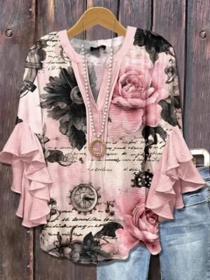 Bohemia Vintage Floral V Neck Ruffle 3/4 Sleeve Regular Blouse - Image 4