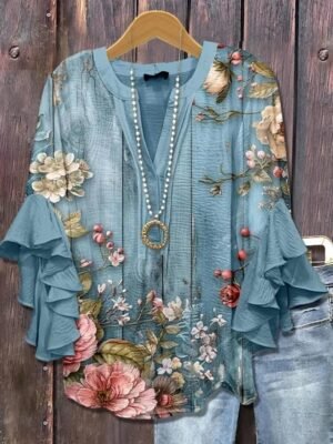 Bohemia Vintage Floral V Neck Ruffle 3/4 Sleeve Regular Blouse - Image 5