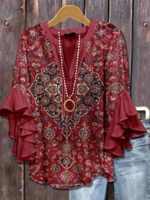 Bohemia Vintage Floral V Neck Ruffle 3/4 Sleeve Regular Blouse - Image 6