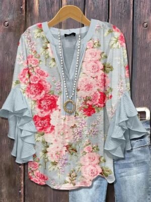 Bohemia Vintage Floral V Neck Ruffle 3/4 Sleeve Regular Blouse - Image 7