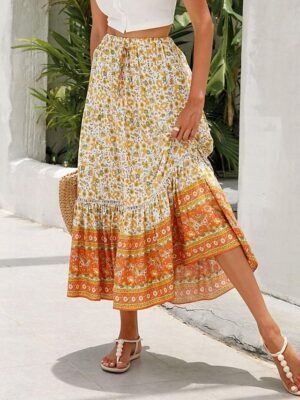 Bohemian A Line Floral High Waist Maxi Skirt - Image 1