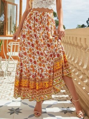 Bohemian A-Line Floral High Waist Maxi Skirt - Image 2