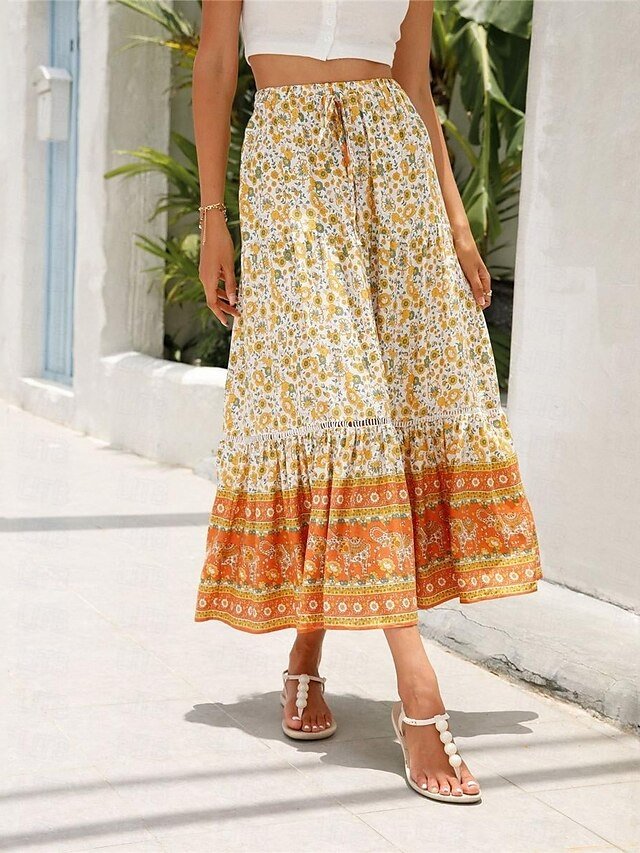 Bohemian A Line Floral High Waist Maxi Skirt - Image 2