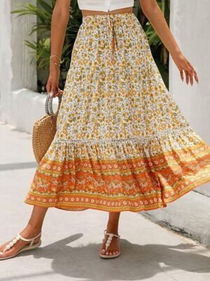 Bohemian A Line Floral High Waist Maxi Skirt - Image 4
