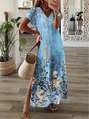 Bohemian A-Line Paisley V Neck Long Sleeve Maxi Dress - Image 1