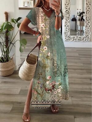 Bohemian A-Line Paisley V Neck Long Sleeve Maxi Dress - Image 5