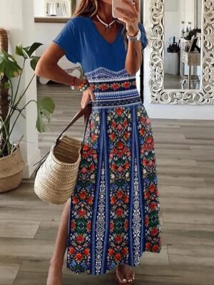 Bohemian A-Line Paisley V Neck Long Sleeve Maxi Dress - Image 8