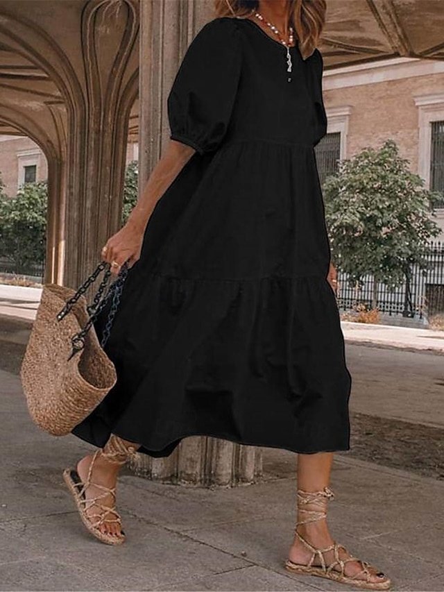Bohemian Casual Flowy V-Neck Short Puff Sleeve Mid-Length Dress - Image 2
