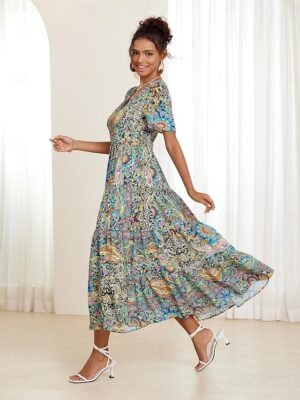 Bohemian Flared Paisley V Neck Short Sleeve Midi Dress - Image 1