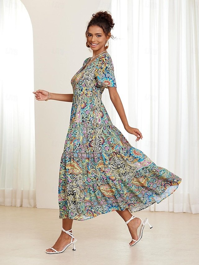 Bohemian Flared Paisley V Neck Short Sleeve Midi Dress - Image 1