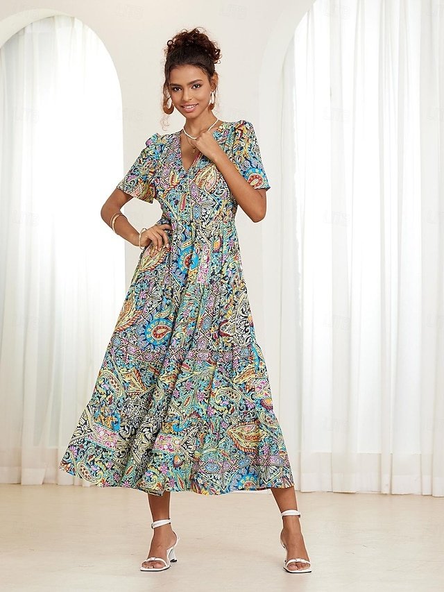 Bohemian Flared Paisley V Neck Short Sleeve Midi Dress - Image 2