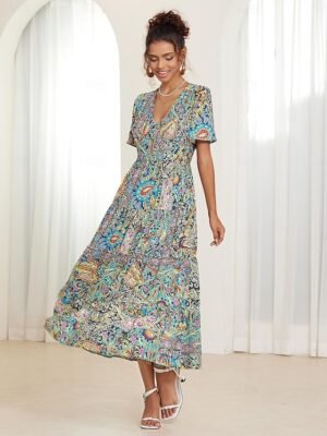 Bohemian Flared Paisley V Neck Short Sleeve Midi Dress - Image 4