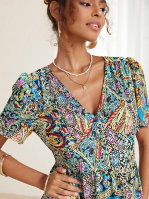 Bohemian Flared Paisley V Neck Short Sleeve Midi Dress - Image 5
