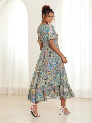 Bohemian Flared Paisley V Neck Short Sleeve Midi Dress - Image 6