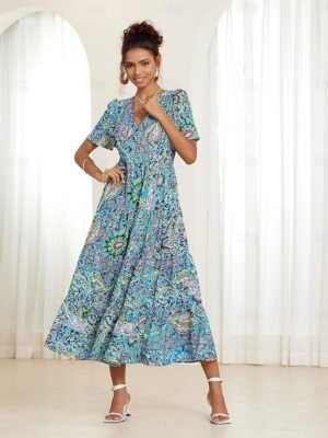 Bohemian Flared Paisley V Neck Short Sleeve Midi Dress - Image 7