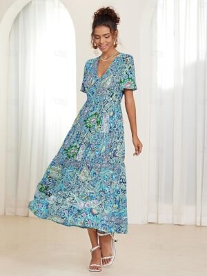 Bohemian Flared Paisley V Neck Short Sleeve Midi Dress - Image 8