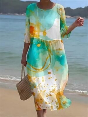 Bohemian Graphic Print Crew Neck Short Sleeve Midi Sundress - Image 3