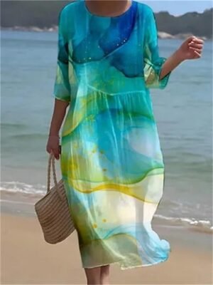 Bohemian Graphic Print Crew Neck Short Sleeve Midi Sundress - Image 4