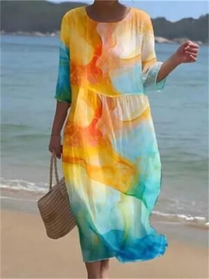 Bohemian Graphic Print Crew Neck Short Sleeve Midi Sundress - Image 5