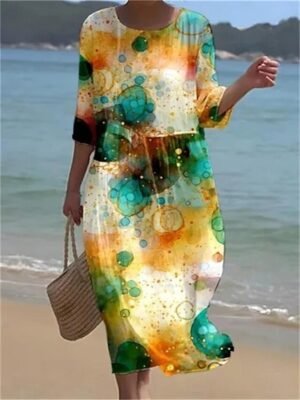 Bohemian Graphic Print Crew Neck Short Sleeve Midi Sundress - Image 6
