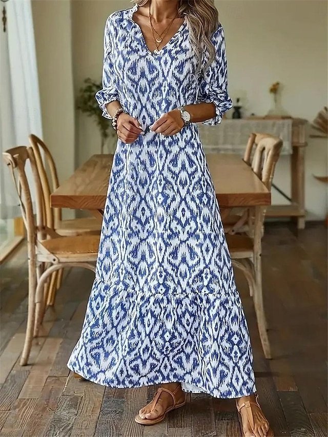 Bohemian Ikat Print V Neck Long Sleeve Maxi Dress - Image 1