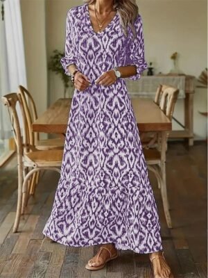 Bohemian Ikat Print V Neck Long Sleeve Maxi Dress - Image 4