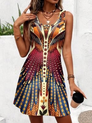 Bohemian Loose Floral U Neck Sleeveless Mini Dress - Image 1