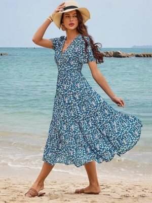 Bohemian Loose Floral V Neck Short Sleeve Mid-Length Dress - Image 1