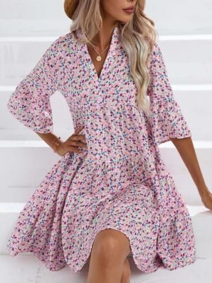 Bohemian Loose Floral V Neck Short Sleeve Mid-Length Dress - Image 13