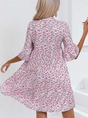 Bohemian Loose Floral V Neck Short Sleeve Mid-Length Dress - Image 14