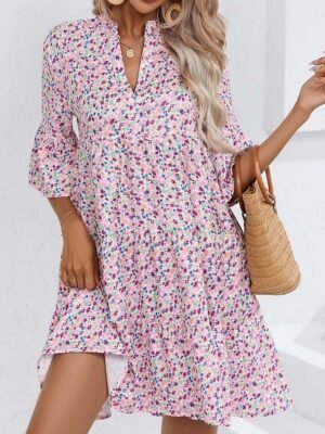 Bohemian Loose Floral V Neck Short Sleeve Mid-Length Dress - Image 16