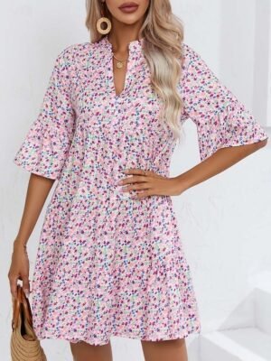 Bohemian Loose Floral V Neck Short Sleeve Mid-Length Dress - Image 17