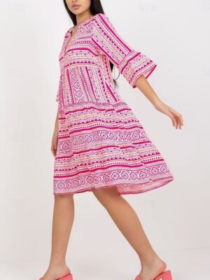 Bohemian Loose Floral V Neck Short Sleeve Mid-Length Dress - Image 18