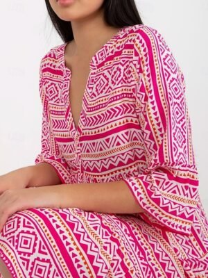 Bohemian Loose Floral V Neck Short Sleeve Mid-Length Dress - Image 19