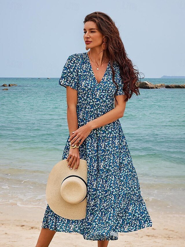 Bohemian Loose Floral V Neck Short Sleeve Mid-Length Dress - Image 2