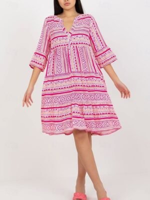 Bohemian Loose Floral V Neck Short Sleeve Mid-Length Dress - Image 21