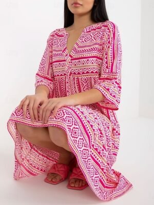 Bohemian Loose Floral V Neck Short Sleeve Mid-Length Dress - Image 22