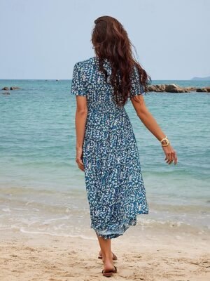 Bohemian Loose Floral V Neck Short Sleeve Mid-Length Dress - Image 4
