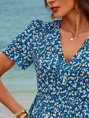 Bohemian Loose Floral V Neck Short Sleeve Mid-Length Dress - Image 5