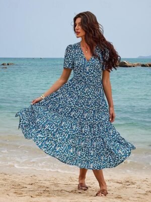 Bohemian Loose Floral V Neck Short Sleeve Mid-Length Dress - Image 6