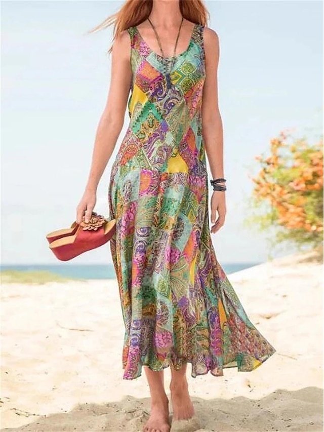 Bohemian Loose Floral V Neck Sleeveless Maxi Dress - Image 1