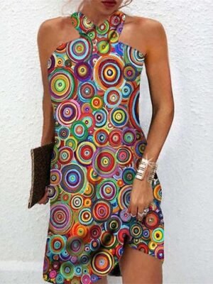Bohemian Loose Geometric Halter Sleeveless Mini Dress - Image 1