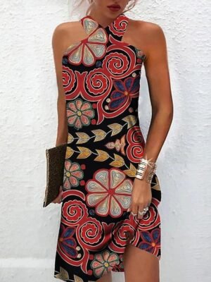 Bohemian Loose Geometric Halter Sleeveless Mini Dress - Image 4