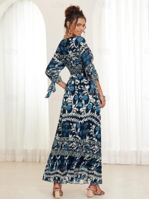 Bohemian Maxi Floral V Neck Long Sleeve Dress - Image 18