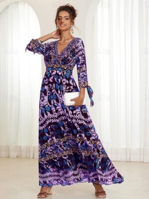 Bohemian Maxi Floral V Neck Long Sleeve Dress - Image 19