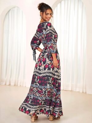 Bohemian Maxi Floral V Neck Long Sleeve Dress - Image 2